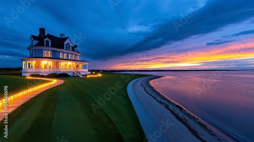Wallpaper Mural A stunning waterfront house illuminated at dusk, with a winding path and vibrant sunset reflecting on calm waters. Torontodigital.ca