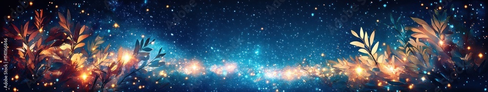 Starry Night with Bamboo Leaves and Galaxy Illustration Starry Night with Bamboo Leaves and Galaxy Illustration