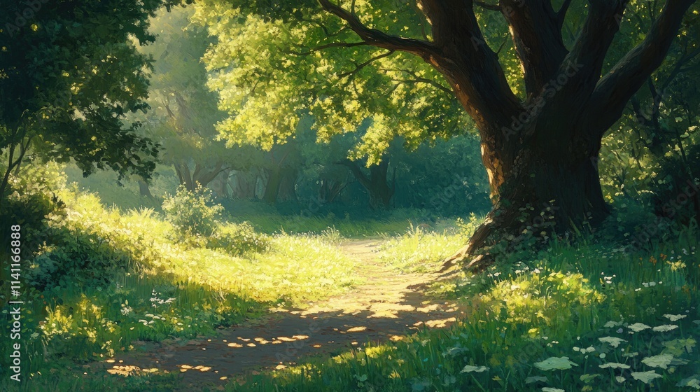 Fototapeta premium Serene Forest Pathway Surrounded by Lush Greenery and Light