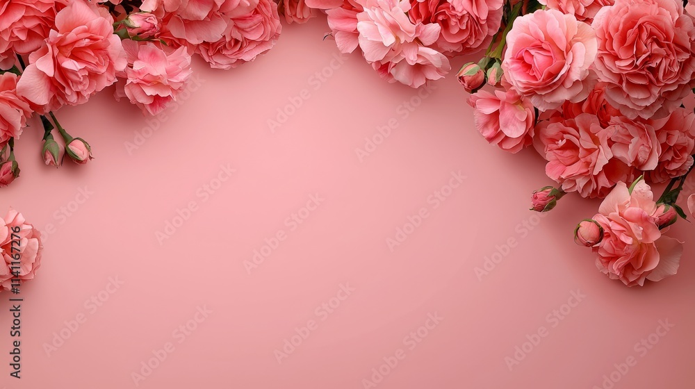 Pink floral frame with copy space: A romantic pink backdrop with roses framing a blank area in the center for personalized messages