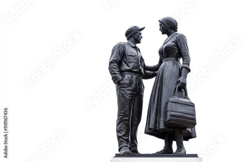 Bronze statue of historical figures embracing on pedestal against white background photo