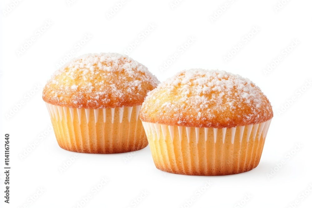Two sugar-dusted muffins on a white background Two sugar-dusted muffins on a white background