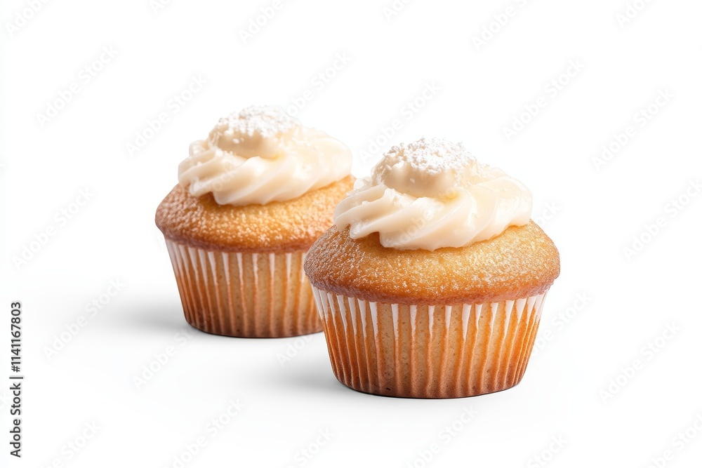 Two vanilla cupcakes with creamy frosting and sprinkles on white background Two vanilla cupcakes with creamy frosting and sprinkles on white background