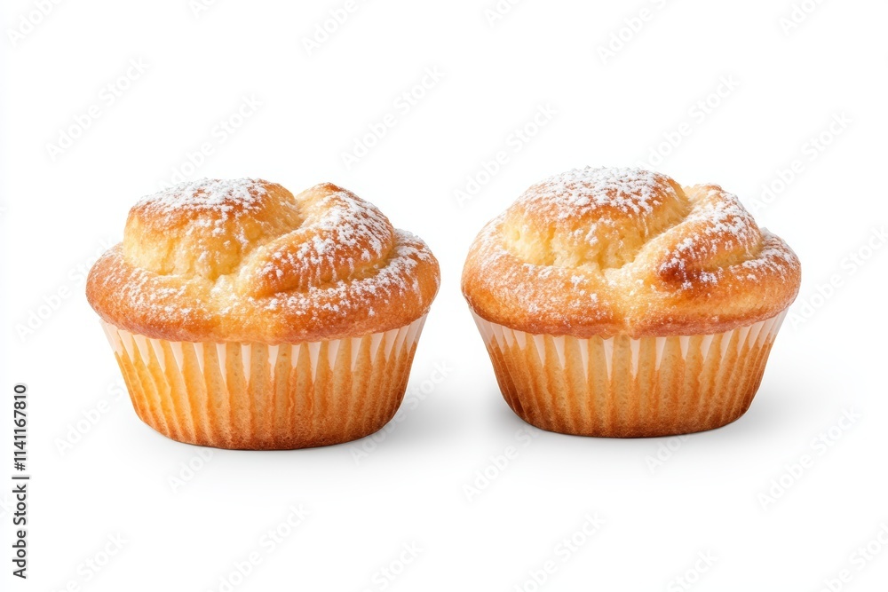 Two delicious sugar-dusted muffins on white background Two delicious sugar-dusted muffins on white background