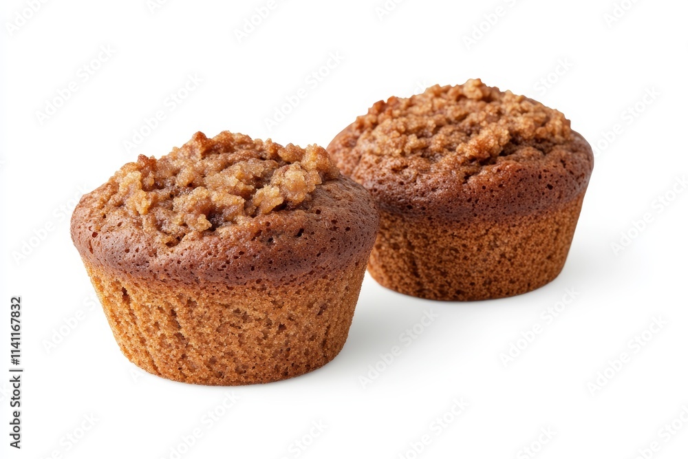 Two delicious cinnamon streusel muffins on white background Two delicious cinnamon streusel muffins on white background