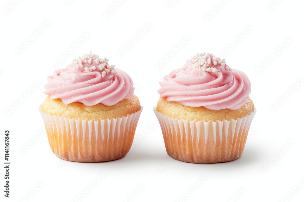 Two delicious vanilla cupcakes with pink frosting and white sprinkles Two delicious vanilla cupcakes with pink frosting and white sprinkles