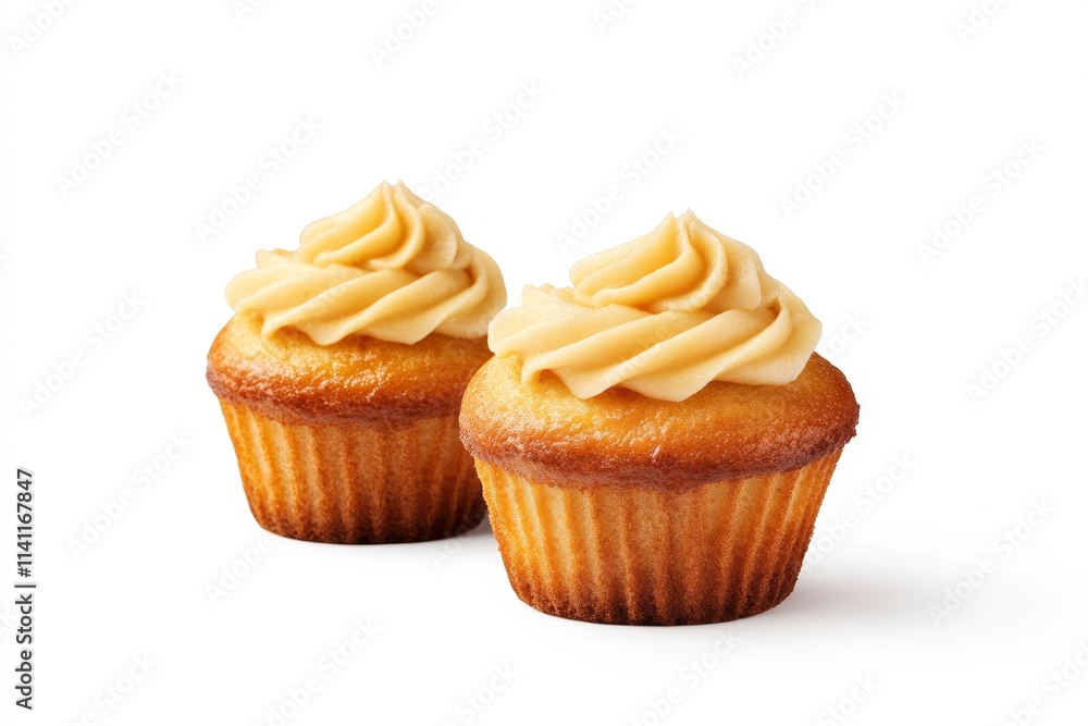 Vanilla cupcakes with swirled buttercream frosting on white background Vanilla cupcakes with swirled buttercream frosting on white background