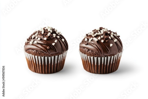 Two chocolate cupcakes with sprinkles on white background