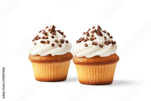 Chocolate chip cupcakes with creamy vanilla frosting on white background