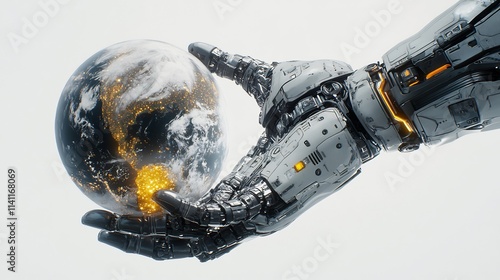 Robotic Hand Holding Earth: A Symbol of Technological Influence on Our Planet. Artificial Intelligence Meets Global Responsibility in this Striking Visual. photo