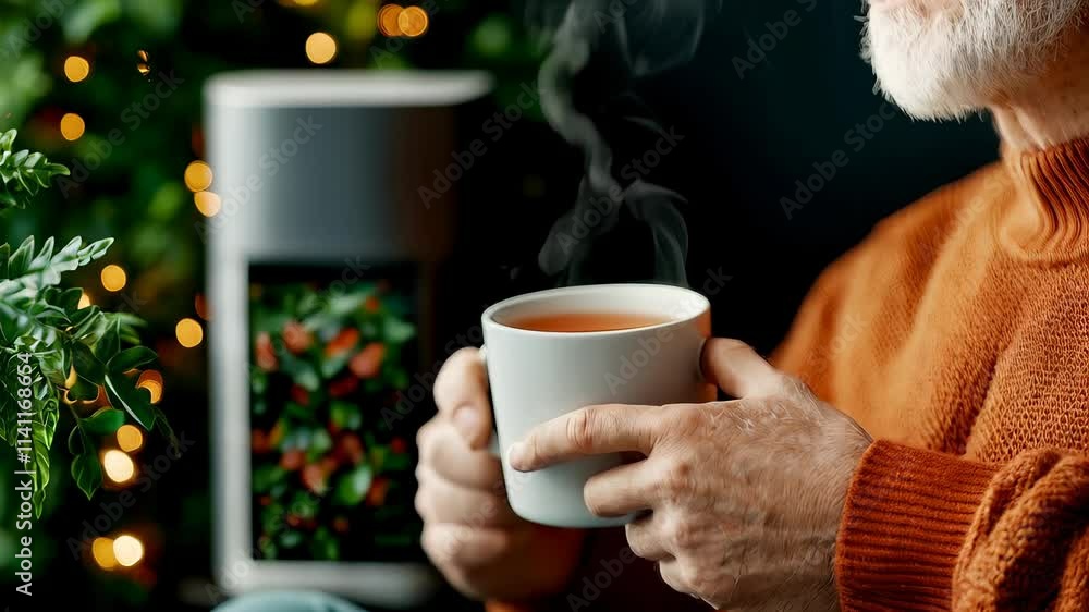 Cozy elderly man enjoying warm cup of tea in serene, green setting with soft lights. Cozy elderly man enjoying warm cup of tea in serene, green setting with soft lights.