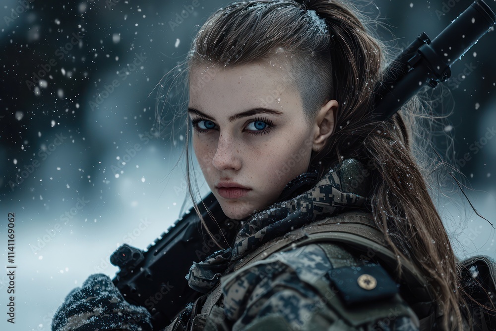 A photograph a female military soldier in the snow. She has blue eyes and long hair with shaved sides, wearing tactical gear and holding her rifle on her shoulder in a dynamic pose. A photograph a female military soldier in the snow. She has blue eyes and long hair with shaved sides, wearing tactical gear and holding her rifle on her shoulder in a dynamic pose.