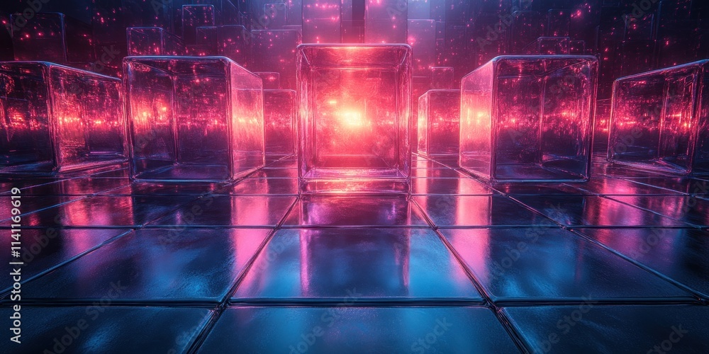 Futuristic Abstract Reflective Cubes 3D Rendering with Blue and Purple Lighting on Black Background Futuristic Abstract Reflective Cubes 3D Rendering with Blue and Purple Lighting on Black Background