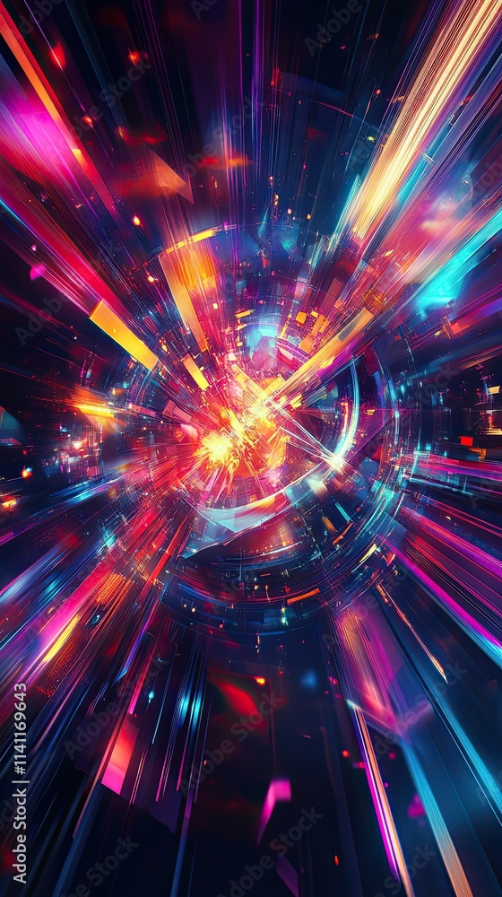Obraz premium Vibrant Abstract Light Streaks Converge in Futuristic Core