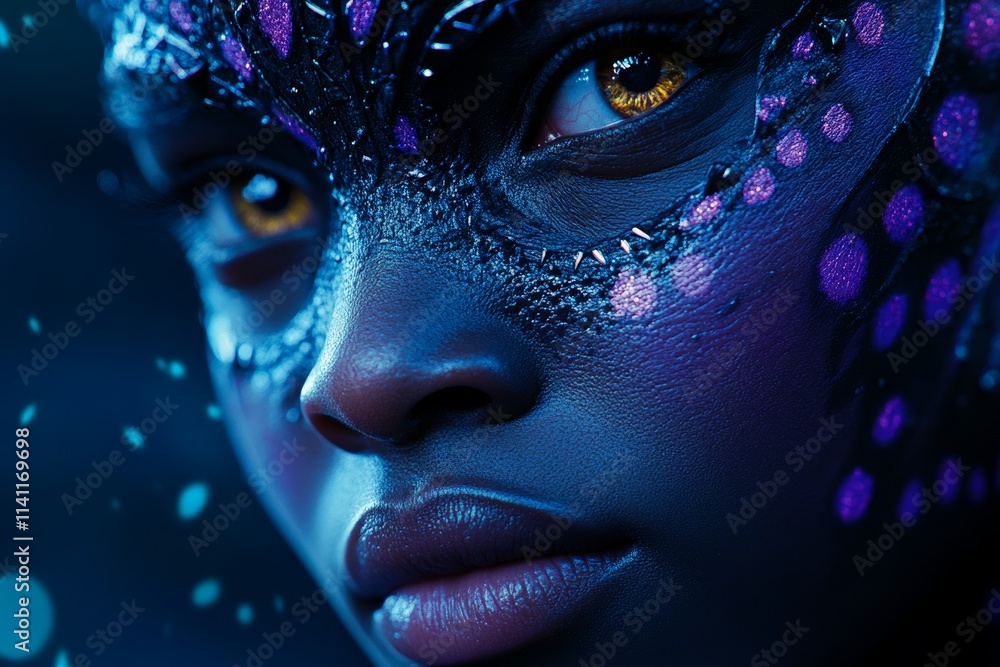 A woman with blue face paint and purple eyes A woman with blue face paint and purple eyes