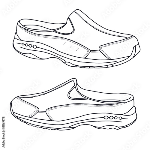 Women's Mules travel sport shoes Line art, Technical sketch hand drawing outline vector doodle side view isolated on white background for coloring page