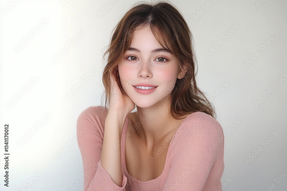 Young Beautiful Asian Woman in Soft Pink Top with Natural Makeup for Skincare Commercial Young Beautiful Asian Woman in Soft Pink Top with Natural Makeup for Skincare Commercial