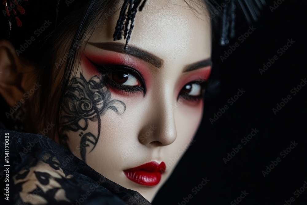 A woman with red eyes and red lipstick A woman with red eyes and red lipstick