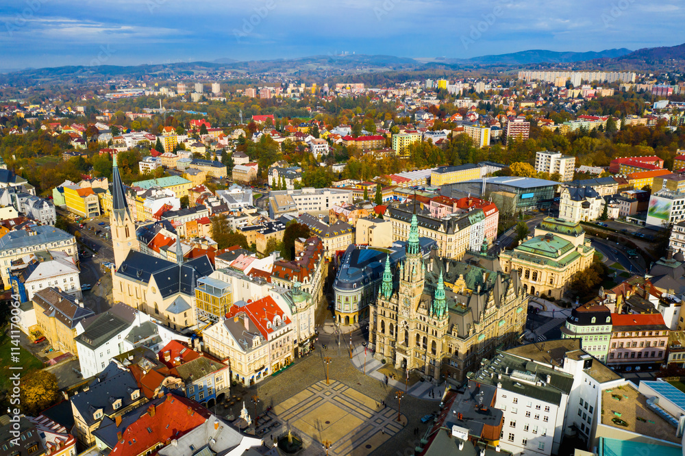 Fototapeta premium Aerial view of Liberec cityscape with buildings and streets, Czech Republic