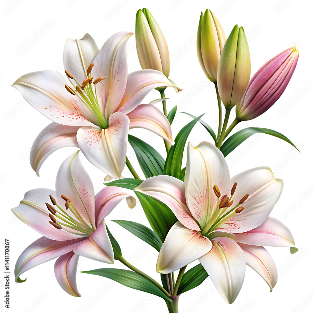 Naklejka premium Elegant blooming lilies with buds, cut out isolated on white background as transparent. PNG