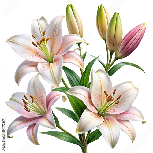 Elegant blooming lilies with buds, cut out isolated on white background as transparent. PNG