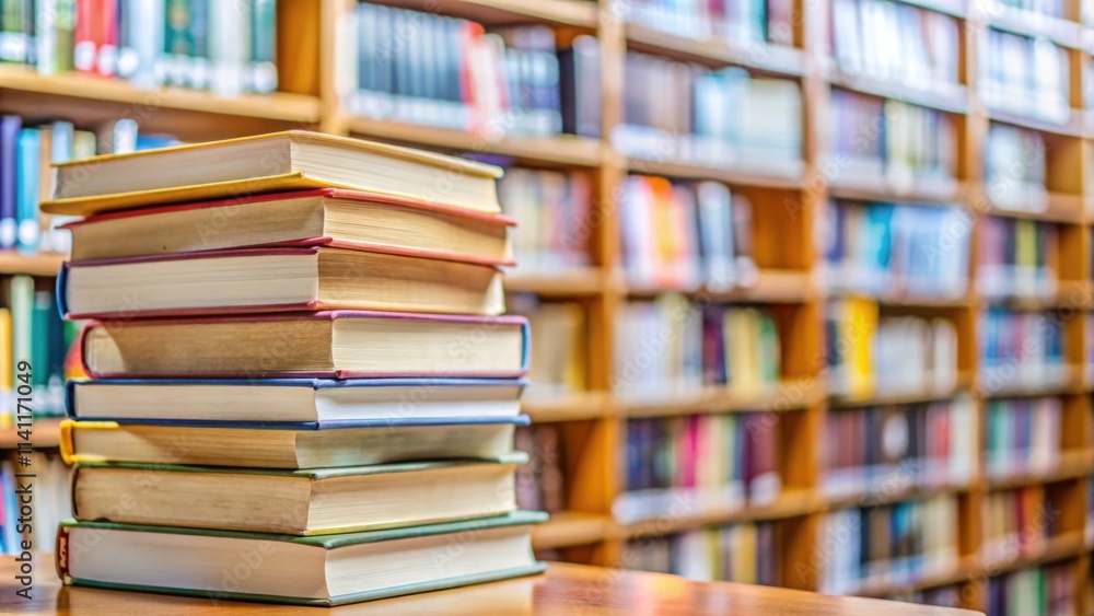 Closeup of a stack of books at a local library, a resource for families to gather and learn together, library, books Closeup of a stack of books at a local library, a resource for families to gather and learn together, library, books