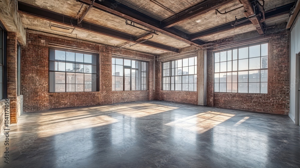 Sunlit industrial loft space with exposed brick walls and large windows. Sunlit industrial loft space with exposed brick walls and large windows.