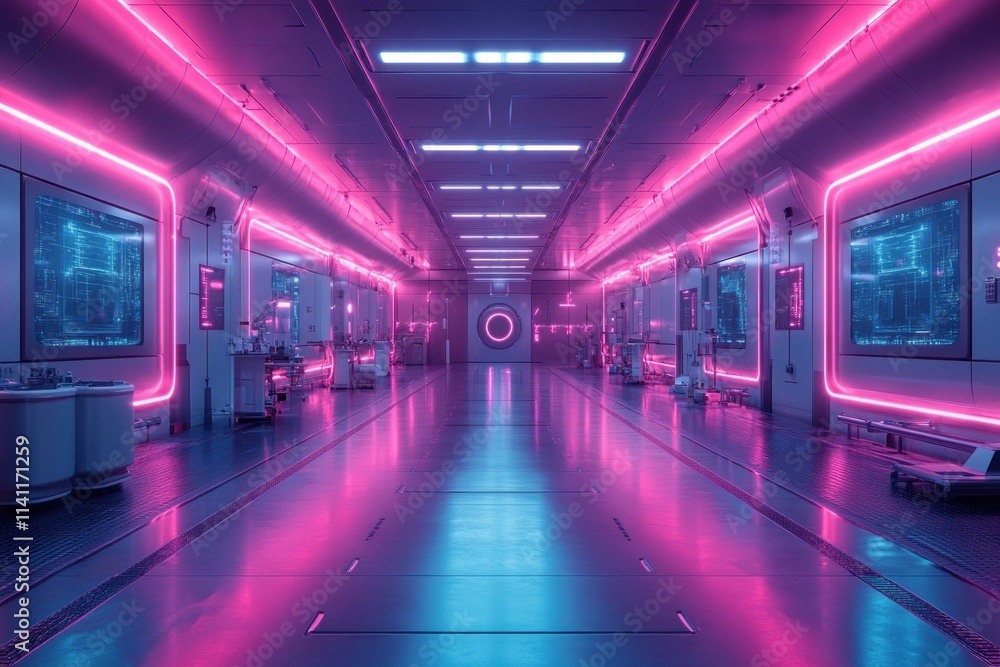 Futuristic Laboratory Interior with High-Tech Equipment and Neon Lighting in a Clean Manufacturing Environment Futuristic Laboratory Interior with High-Tech Equipment and Neon Lighting in a Clean Manufacturing Environment