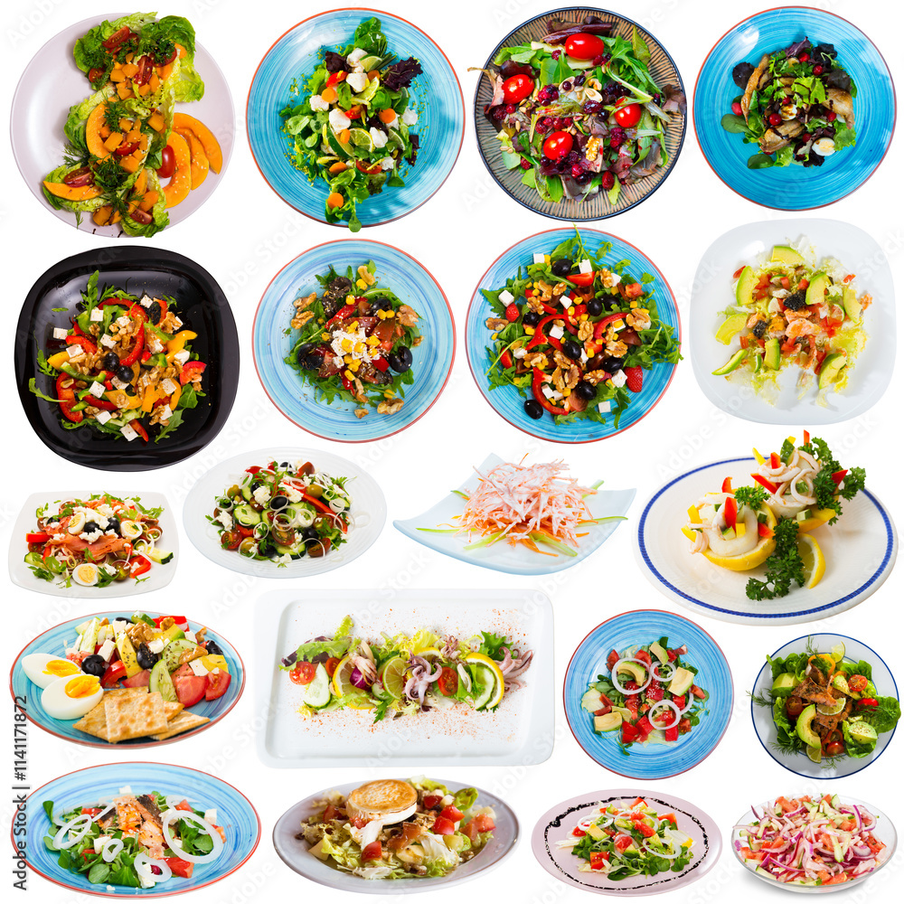 Collection of various meat, fish, chicken salads with vegetables isolated on white background Collection of various meat, fish, chicken salads with vegetables isolated on white background