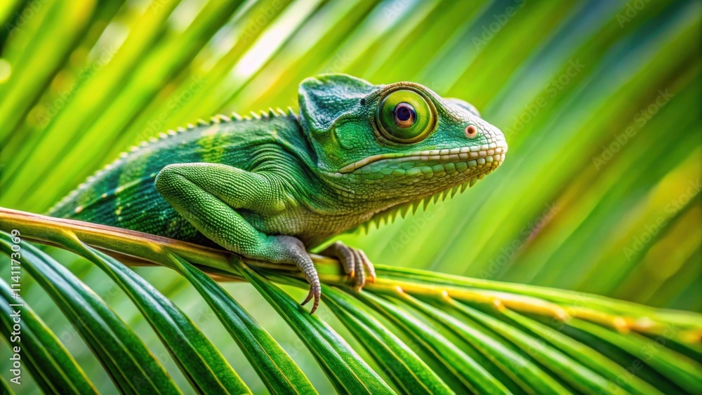 Naklejka premium Green chameleon camouflaged on a palm tree branch leaf, Chameleon, Green, Camouflage, Palm tree, Branch, Leaf
