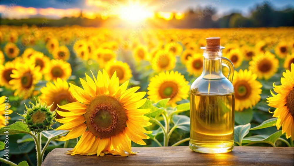 Bottle of oil set against a field of vibrant sunflowers , sunflower, oil, bottle, agriculture, farm, summer, field Bottle of oil set against a field of vibrant sunflowers , sunflower, oil, bottle, agriculture, farm, summer, field