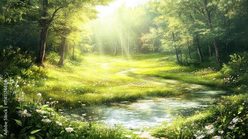 Obraz premium Serene Nature Scene with Sunlight Filtering Through Lush Trees