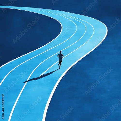 Runner on a curved path futuristic setting digital art blue environment dynamic viewpoint journey concept