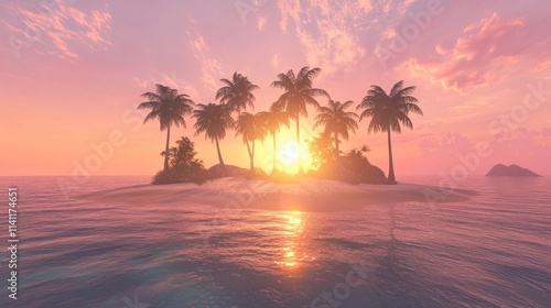 Serene Sunset Over Tropical Island with Palm Trees and Ocean Waves
