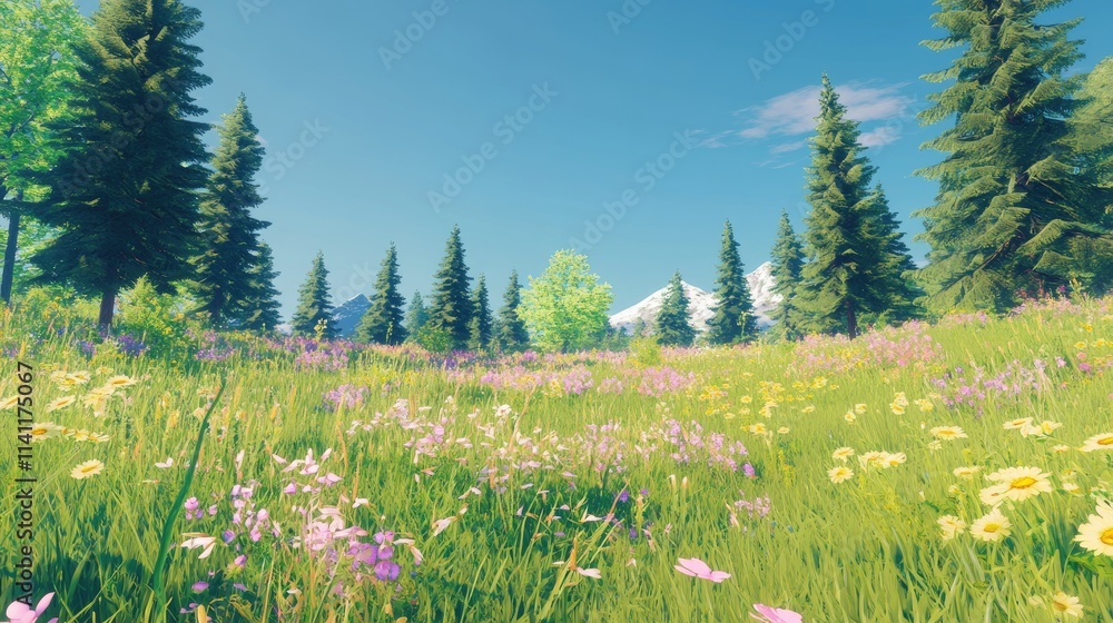 Fototapeta premium Serene Meadow with Wildflowers and Evergreen Trees under Clear Sky