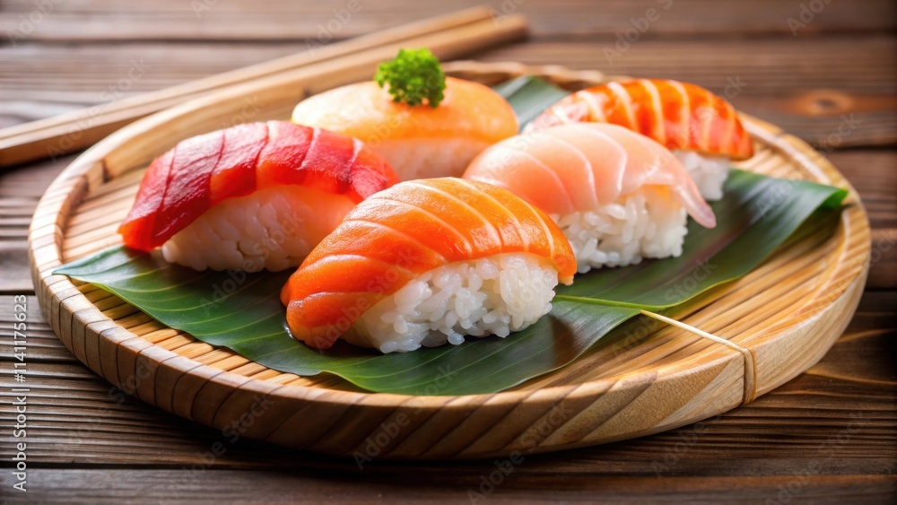 Sushi nigiri with boiled shrimp and raw Atlantic salmon on a bamboo plate with soy sauce, sushi, nigiri Sushi nigiri with boiled shrimp and raw Atlantic salmon on a bamboo plate with soy sauce, sushi, nigiri