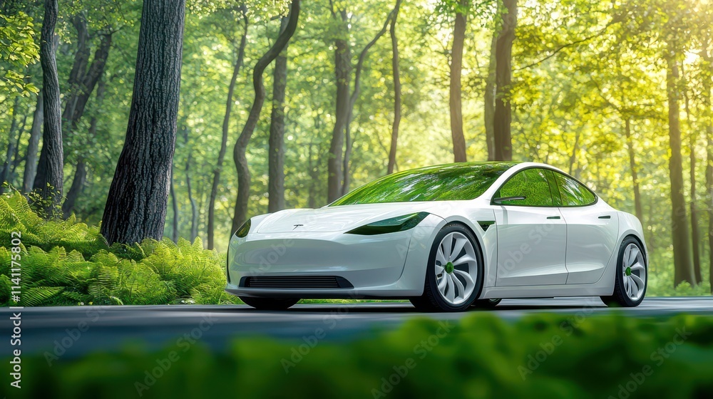 Eco Friendly Electric Car Driving Through Lush Green Forest Eco Friendly Electric Car Driving Through Lush Green Forest