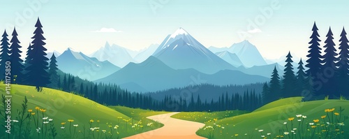 Flat design mountain trail with trees, dynamic triadic color palette, animated and modern for fitness or travel apps, fitness, flat nature