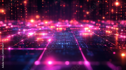 An abstract visualization of a decentralized blockchain network with glowing nodes connected by bright lines. The background features a digital grid, symbolizing data flow, security, and transparency 