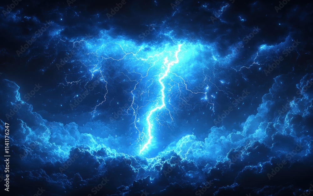 Powerful Blue Lightning Bolt Striking in Stormy Night Background Powerful Blue Lightning Bolt Striking in Stormy Night Background