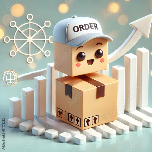 3D Floating order package and graph arrow concept as Clean vector of order package and graph arrow floating against soft abstract bokeh background symbolizing order costs and growth analysis in logist photo