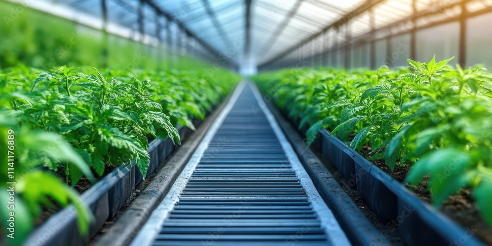 Greenhouse Farming Rows of Green Seedlings Growing in Modern Hothouse Greenhouse Farming Rows of Green Seedlings Growing in Modern Hothouse