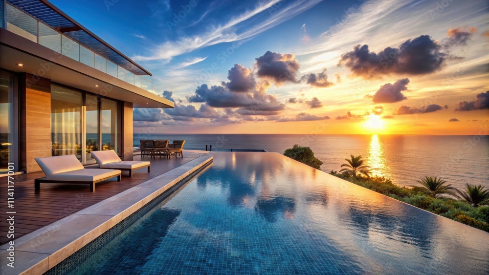 Fototapeta premium Luxury resort villa overlooking the ocean with infinity pool at sunset, luxury, resort, villa, ocean view, infinity pool