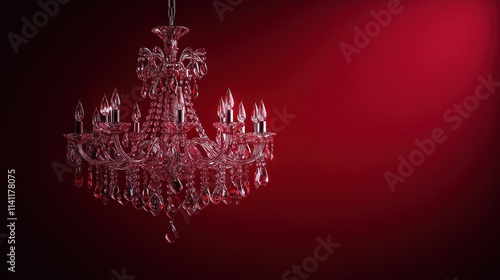 Elegant red crystal chandelier hanging against a dark red background.