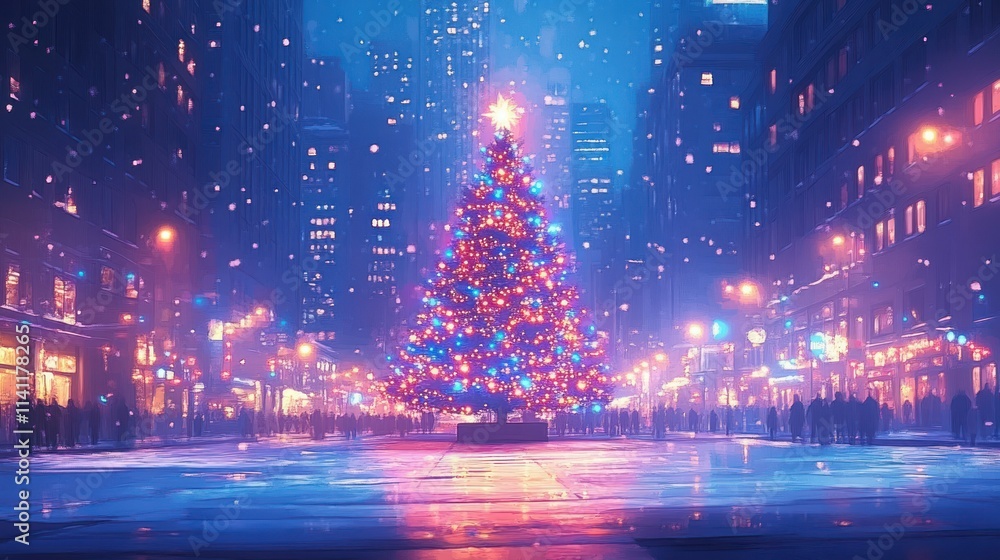 Obraz premium Christmas Tree in Urban Square at Night with Illuminated Lights and Bokeh