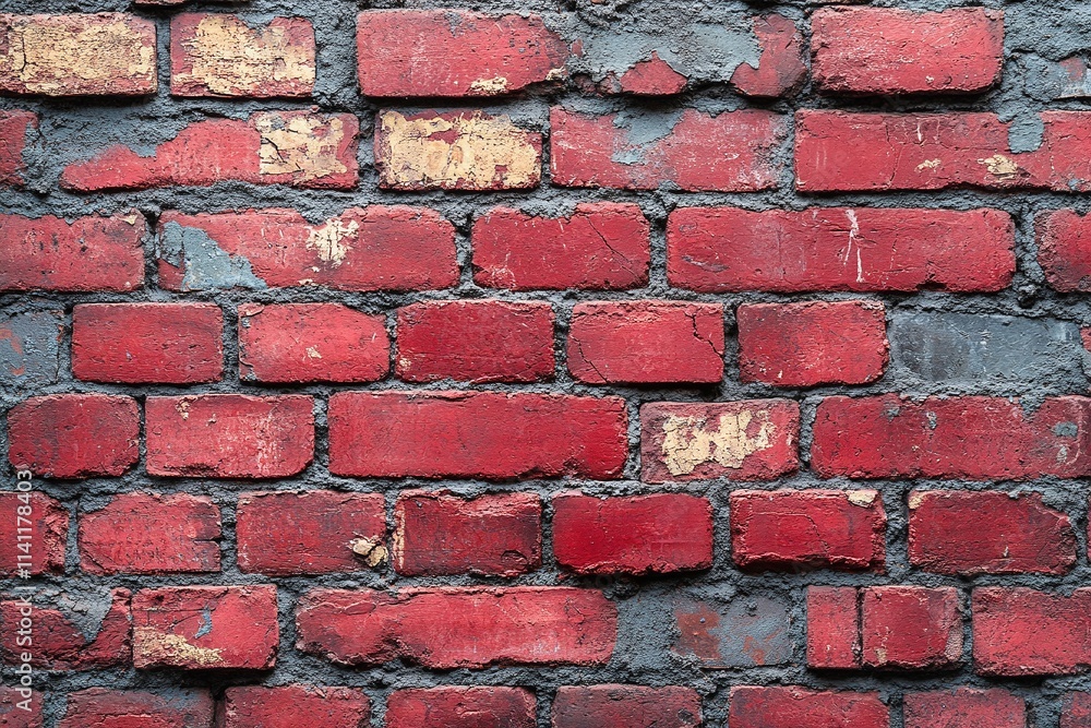 Close-up view of a weathered brick wall, showcasing the rich textures and variations in color. The bricks are primarily red with patches of faded paint and gray mortar. Close-up view of a weathered brick wall, showcasing the rich textures and variations in color. The bricks are primarily red with patches of faded paint and gray mortar.