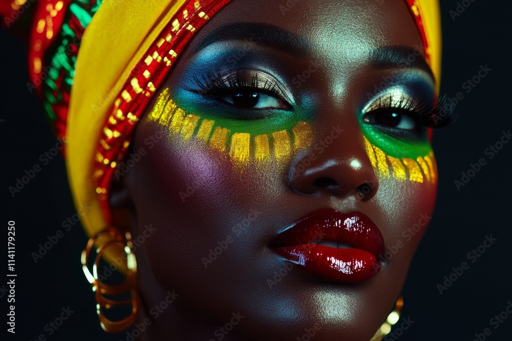 A woman with a yellow and red head scarf and green and gold makeup A woman with a yellow and red head scarf and green and gold makeup