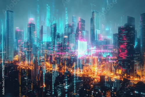 Futuristic Cityscape with Neon Lights and Digital Overlays Reflecting Financial Growth and Trade