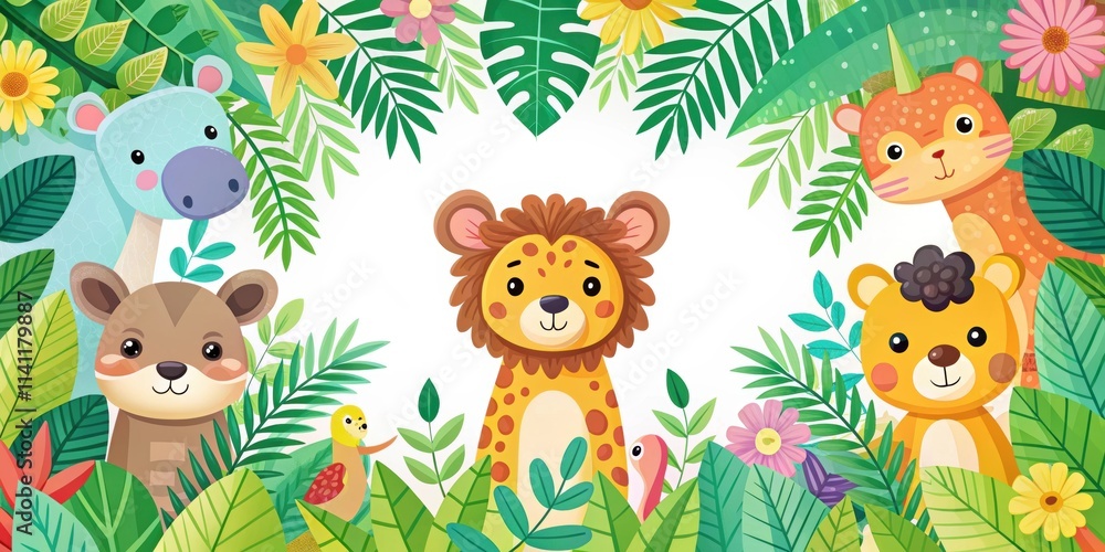 Naklejka premium Colorful of cute animal characters (lion, bear, giraffe) surrounded by vibrant foliage and playful designs, cute, animal
