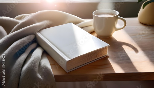Illustrate a hardcover book mockup with a dust jacket design, displayed in a cozy setting